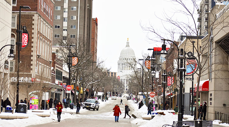People walking on State Street in winter