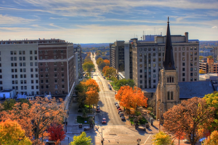 Madison street and buildings with colorful fall trees