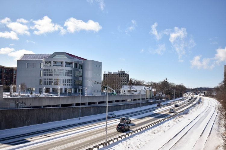 Cars driving on snow covered street