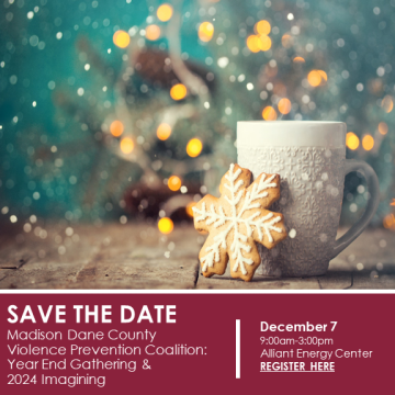 A save the date for the Violence Prevention event with a photo of a mug and cookie.